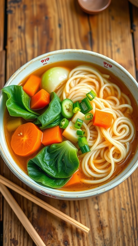 A cozy bowl of vegan udon noodle soup with udon noodles, vegetables, and broth on a wooden table.